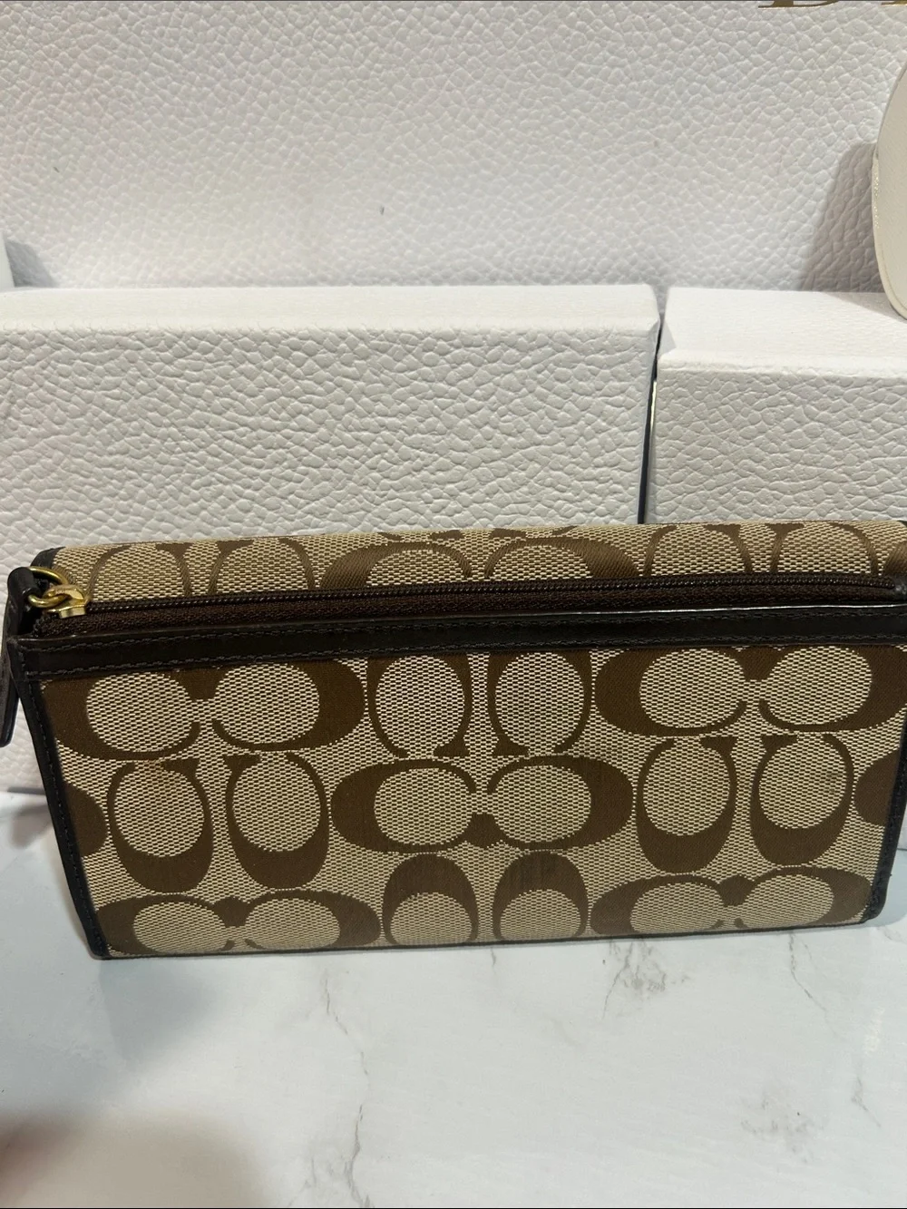 Coach Signature Canvas Trifold Wallet in Brown and Tan - Picture 2 of 8